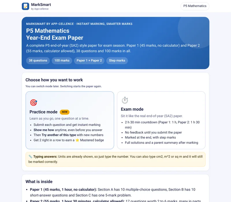 The start screen of the MarkSmart P5 Mathematics Year End Exam, offering Practice mode and Exam mode.